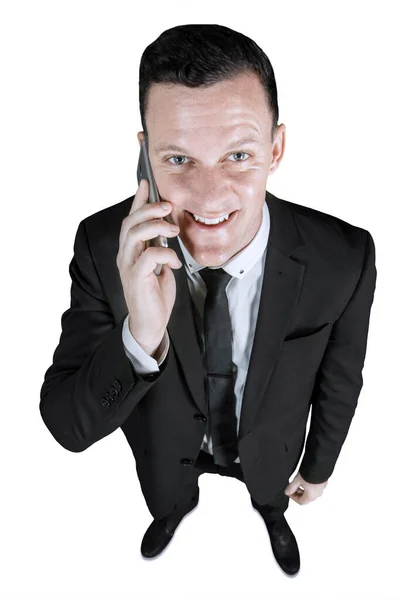 Bovenaanzicht Van Een Mannelijke Manager Maakt Een Telefoontje Terwijl Hij — Stockfoto