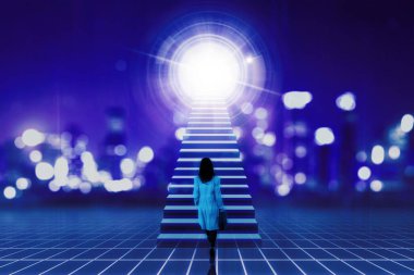 Hologram of a businesswoman standing by stairs looking at bright light - Metaverse future concept clipart