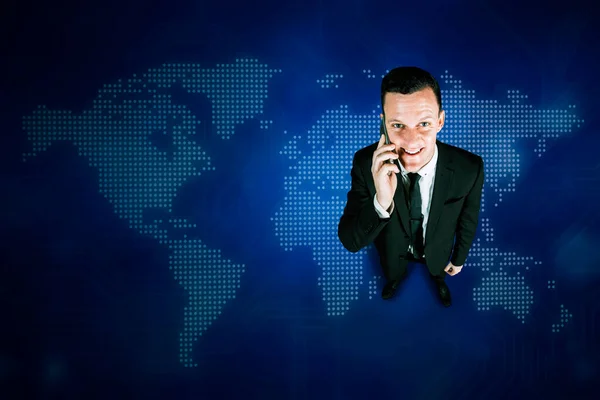 Caucasian Businessman Looking Talking Mobile Phone Standing World Map Background — Stock Photo, Image