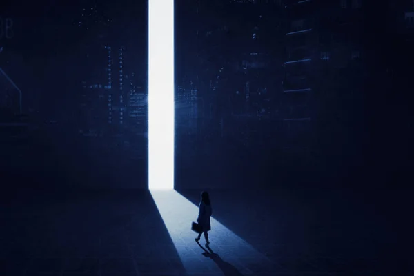 Empresaria Saliendo Oscuridad Camina Hacia Luz Brillante Una Puerta Que — Foto de Stock