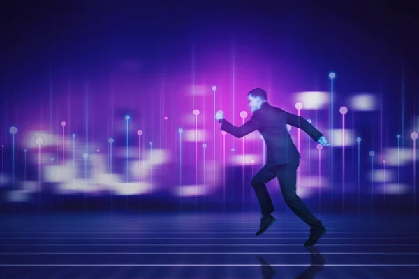 Hologram of a businessman running in a virtual world - metaverse. Visualization and simulation, 3D, AR, VR, Innovation of futuristic.