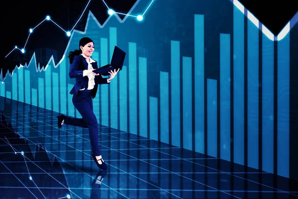 Female Entrepreneur Working Laptop While Running Business Chart Background Business — ストック写真
