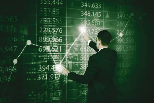 Achteraanzicht Van Mannelijke Manager Raakt Toenemende Financiële Grafiek Virtueel Scherm — Stockfoto
