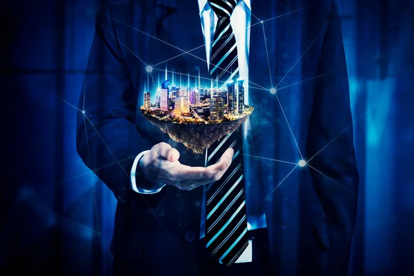 Business Administrator Holds City His Hand — Stock Photo, Image