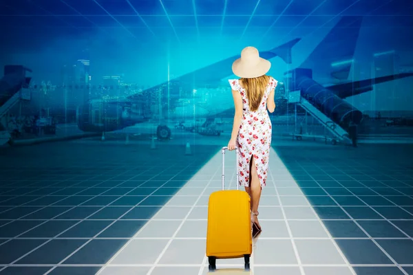 Metaverse Travel Concept Caucasian Woman Pulling Luggage Airport — Stock Photo, Image