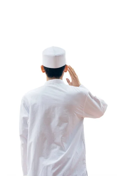 Pohled Zezadu Muslimský Muž Uctívání Boha Zastřelen Studiu Izolované Bílém — Stock fotografie