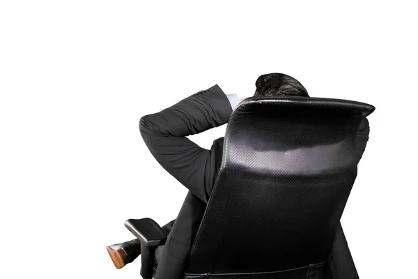 Rear Viwe Relaxed Businessman Hands His Head Isolated White — Stock Photo, Image