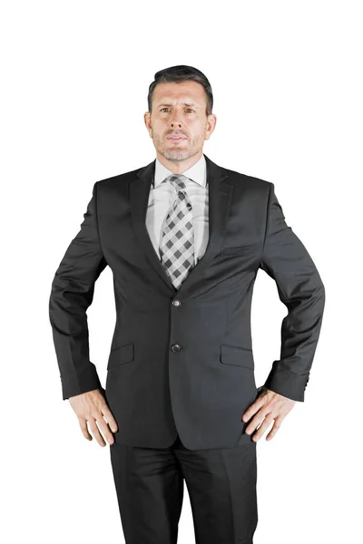 Zelfverzekerde Zakenman Poseren Met Handen Zijn Taille Geïsoleerd Witte Achtergrond — Stockfoto