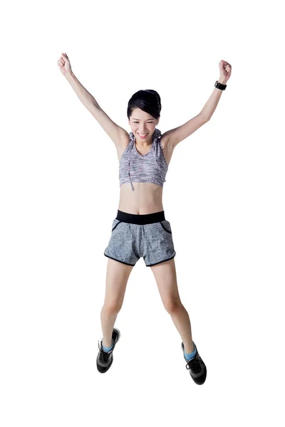 Счастливая Привлекательная Женщина Прыгающая Воздухе Изолированная Белом Фоне — стоковое фото