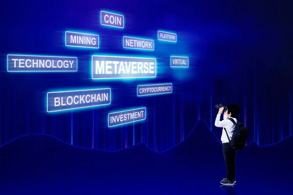 Little boy learn about virtual world, blockchain and metaverse with future background