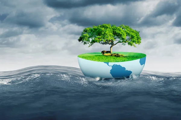 Earth Day Design Mit Weltkarte Baum Und Wasser Einem Bewölkten — Stockfoto
