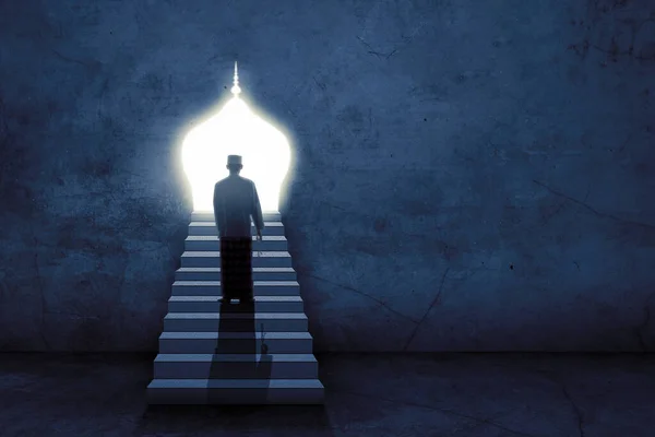 Rückansicht Eines Jungen Muslimischen Mannes Mit Gebetsperlen Der Eine Treppe — Stockfoto