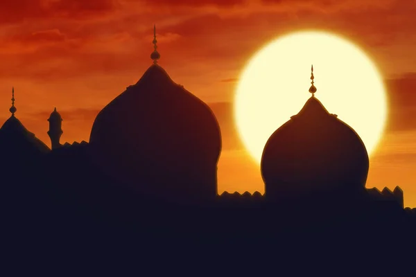 Silhouette Einer Moschee Bei Sonnenaufgang Oder Sonnenuntergang Indonesien — Stockfoto