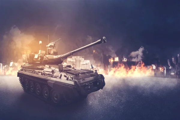 Sidovy Över Militär Tank Rör Sig Krigsfältet Över Brända Staden — Stockfoto