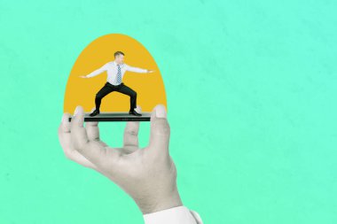 Kafkas iş adamı cep telefonuyla sörf yapıyor. Moda 3D kolajı, dergi tarzında. Çağdaş sanat. Modern tasarım