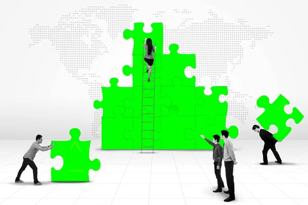 Teamwork Try Connect Puzzle Solving Problem Trendy Collage Magazine Style — Stock Photo, Image