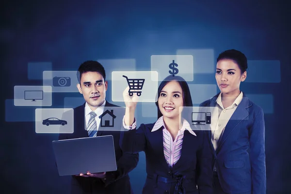 Obchodník Obchodnice Nakupuje Online Virtuálním Panelu Budoucí Business Business Koncept — Stock fotografie