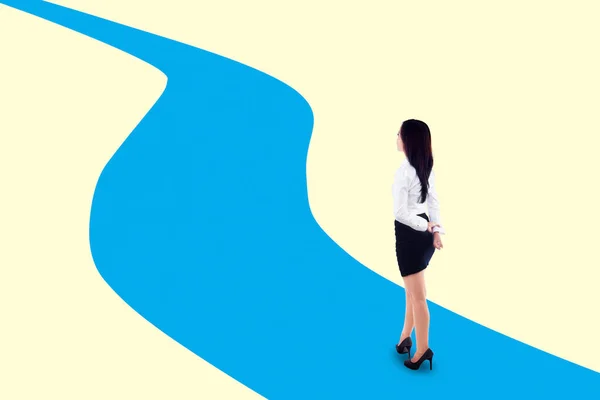 Businesswoman standing on winding path Trendy 3d collage in magazine style. Contemporary art. Modern design