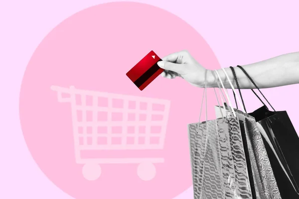 女性の手を保持ショッピングバッグやクレジットカードトレンディ3Dコラージュで雑誌スタイル 現代美術 近代的なデザイン — ストック写真