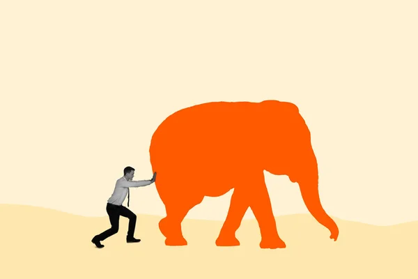 Businessman Pushing Elephant Collage Magazine Style Contemporary Art Modern Design — Stock Photo, Image