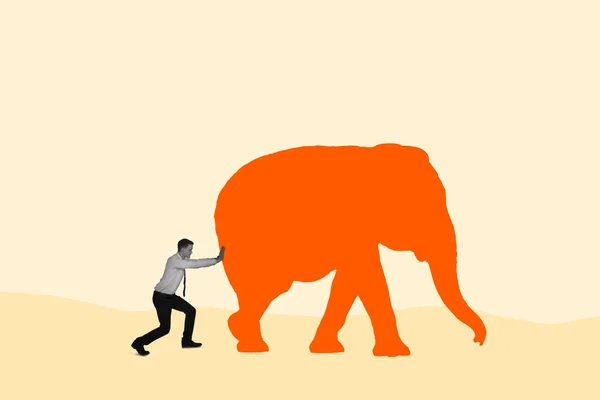 Businessman pushing an elephant collage in magazine style. Contemporary art. Modern design