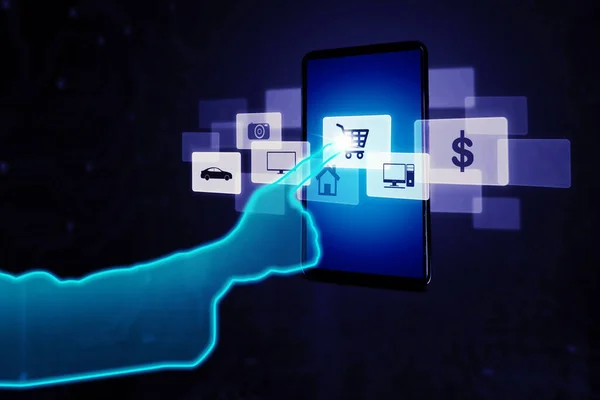 Finger Touch Cart Icon Concetto Metaverse Shopping Futuro Online — Foto Stock