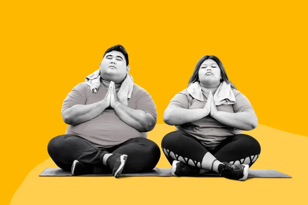 Overgewicht Paar Doen Meditatie Collage Ontwerp Stijl — Stockfoto