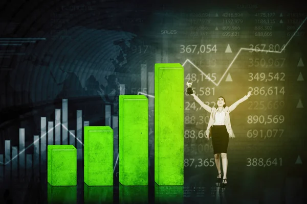 Happy Business Woman Holding Trophy Standing Next Bar Chart Financial — Stock Photo, Image