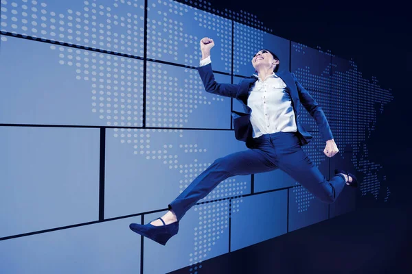Happy Business Woman Jumping Digital World Map — Stock Photo, Image