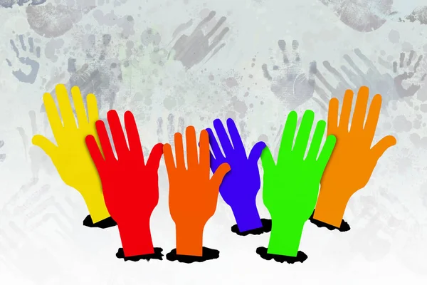 黒ヤシの手で白い背景に多くの虹色のヤシの手 — ストック写真