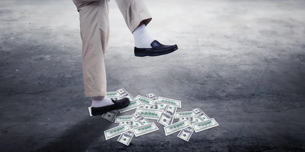 Close Businessman Foot Standing Dollar Banknotes Floor — Stock Photo, Image