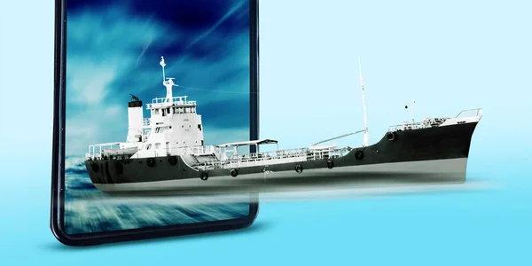 Combi Images Трехмерная Иллюстрация Мобильного Телефона Кораблем Изолированным Поверх Синего — стоковое фото