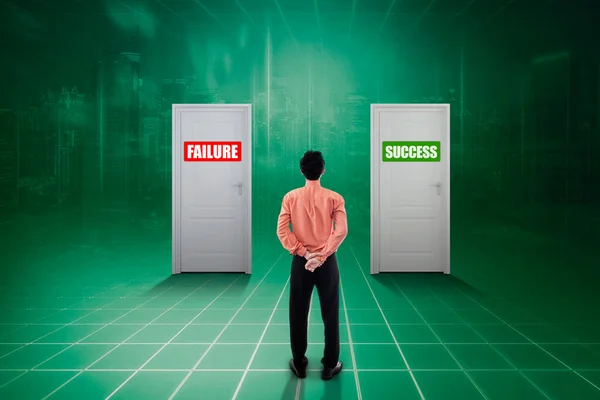 Rear View Male Manager Standing Front Success Failure Door — Stock Photo, Image