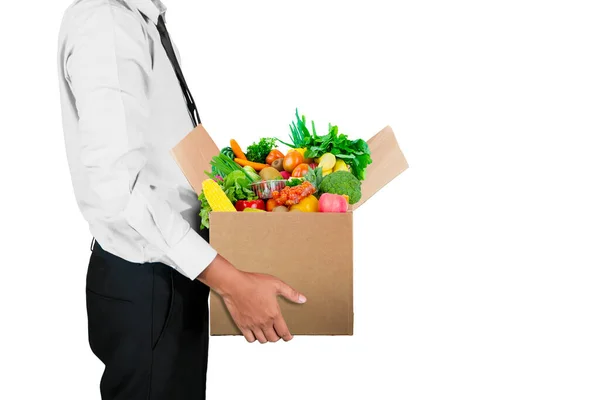 Empresario Primer Plano Llevando Caja Llena Frutas Verduras Frescas Aisladas — Foto de Stock