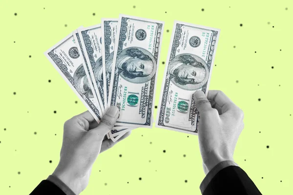 Close Businessman Hand Holding Dollar Money Collage Magazine Style Contemporary — Stock Photo, Image