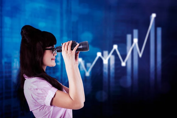 Businesswoman Looking Binoculars Seeing Conflicting Trends Earnings Prediction — Stock Photo, Image