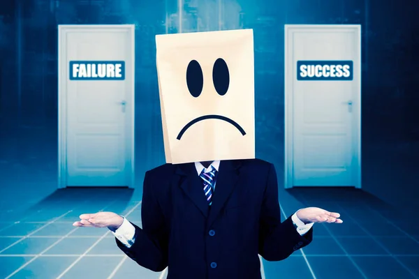 Clueless Businessman Standing Front Success Failure Doors — Stock Photo, Image