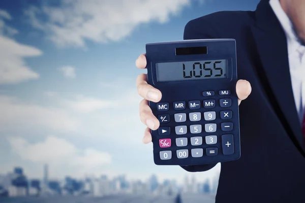 Businessman Holding Calculator Loss Text Display — Stock Photo, Image