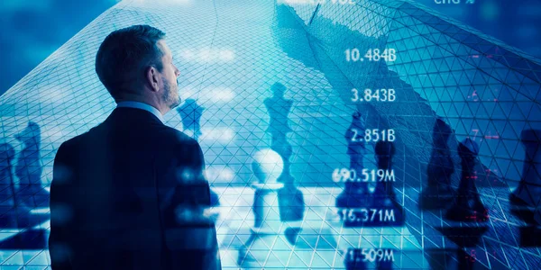 Achteraanzicht Van Zakenman Denkstrategie Gericht Financiële Cijfers Met Een Futuristische — Stockfoto