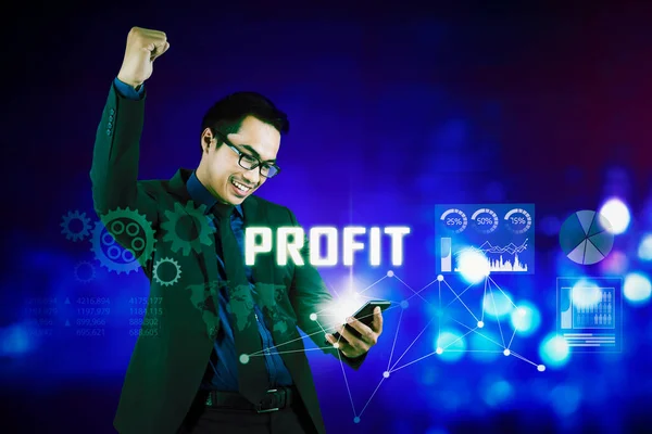 Happy Businessman Profit Looking His Mobile Phone — Stock Photo, Image