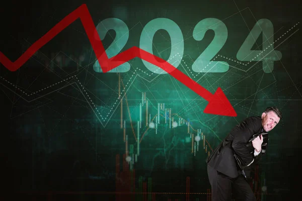 Scared Businessman Holding Briefcase Attacked Arrow 2024 New Year Numbers — Stock Photo, Image