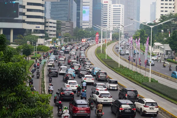 Jakarta Indonésie Července 2023 Dopravní Zácpa Jalan Sudirman Během Ranní — Stock fotografie