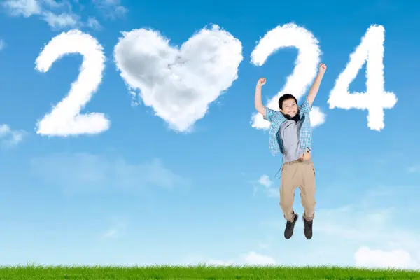 Feliz Asiático Macho Adolescentes Saltar Más 2024 Nuevo Año Números —  Fotos de Stock