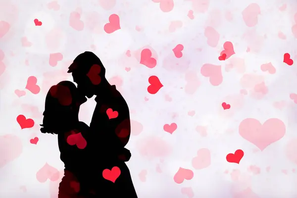Silhouette Von Paar Küsst Mit Herzen Hintergrund Konzept Der Liebe — Stockfoto