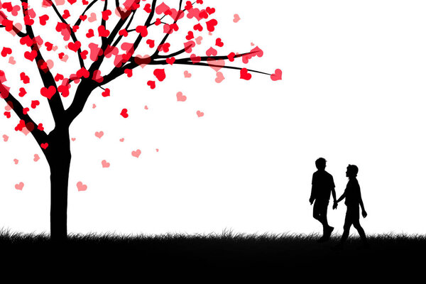 Silhouette of a couple and tree walking toward a love leaves tree isolated over white