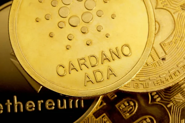 Cardano Ada kripto para biriminin üst alttaki makro fotoğraf çekimi.