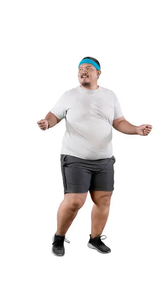 Cheerful Asian Overweight Man Dancing Isolated White Background — Stock Photo, Image