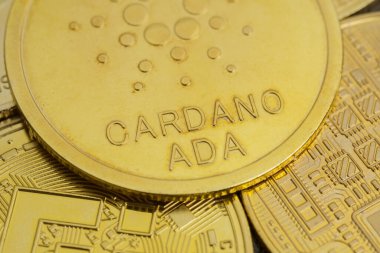 Cardano sikkelerine yakın çekim. Şifreli para, bitcoin. BTC, Bit Coin. Engelleme teknolojisi, bitcoin madenciliği