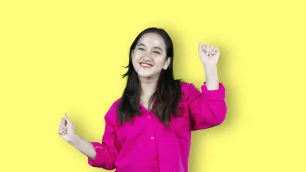 Happy Asian Woman Enjoying Music Dancing Isolated Cream Background — Stock Photo, Image