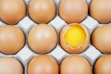 Kahverengi yumurtalı üst palet - bir kutu kahverengi yumurta - yumurta sarısı ile kırılmış tavuk yumurtası